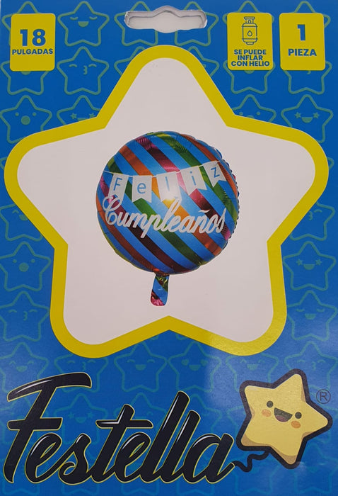 Globo Metalizado Feliz Cumpleaños Rayas Tricolor 18" Festella