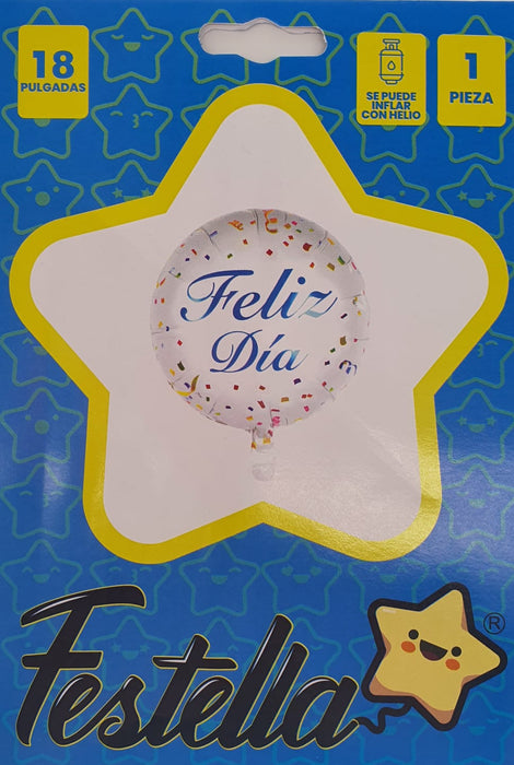 Globo Metalizado Feliz Dia Azul Blanco Confetti y Serpentinas 18" Festella