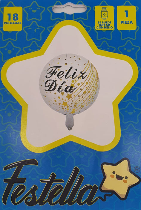 Globo Metalizado Feliz Dia Estrellas Doradas Fondo Blanco 18" Festella