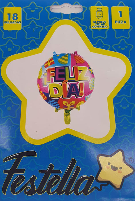 Globo Metalizado Feliz Dia Fiesta Colorida 18" Festella