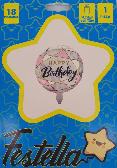 Globo Metalizado Happy Birthday Marmol Rosa 18" Festella