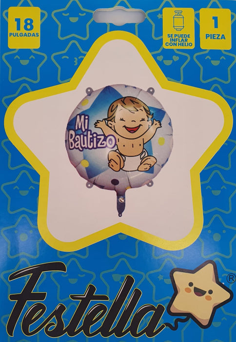 Globo Metalizado Mi Bautizo Bebe Feliz Azul 18" Festella