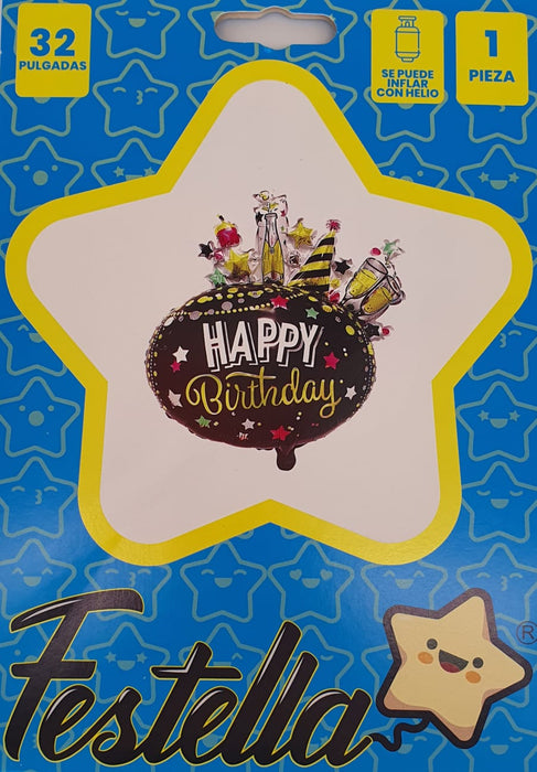Globo Metalizado Happy Birthday Fiesta en Relieve 32" Festella