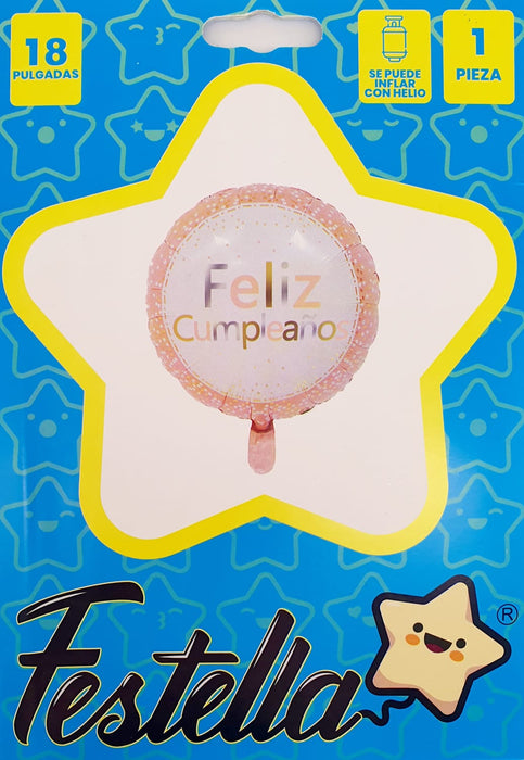 Globo Metalizado Redondo Feliz Cumpleaños Dorado Rosa 18" Festella