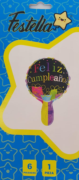 Globo Metalizado Redondo Feliz Cumpleaños Regalos Multicolor Negro  6" Festella