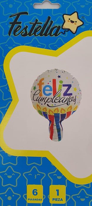 Globo Metalizado Redondo Feliz Cumpleaños Velitas Coloridas 6" Festella