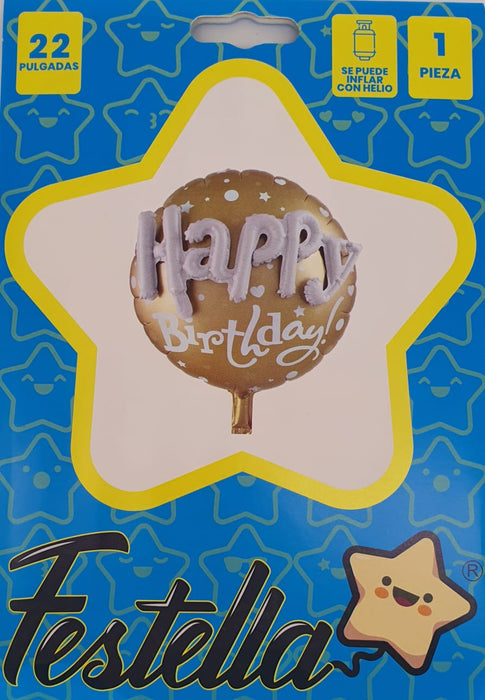 Globo Metalizado Happy Birthday en Relieve Dorado 22" Festella