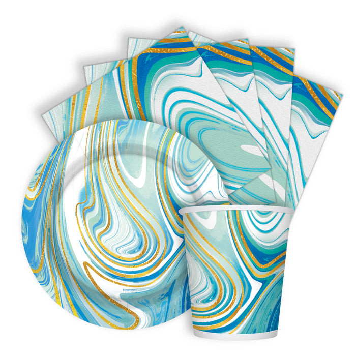 Kit Platos Vasos y Servilletas Desechables Marmoleado Acqua Marca Sempertex