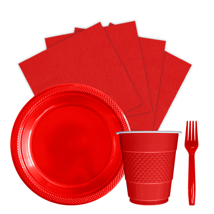 Kit Platos Vasos Servilletas y Tenedores Desechables Unicolor Rojo Marca Sempertex