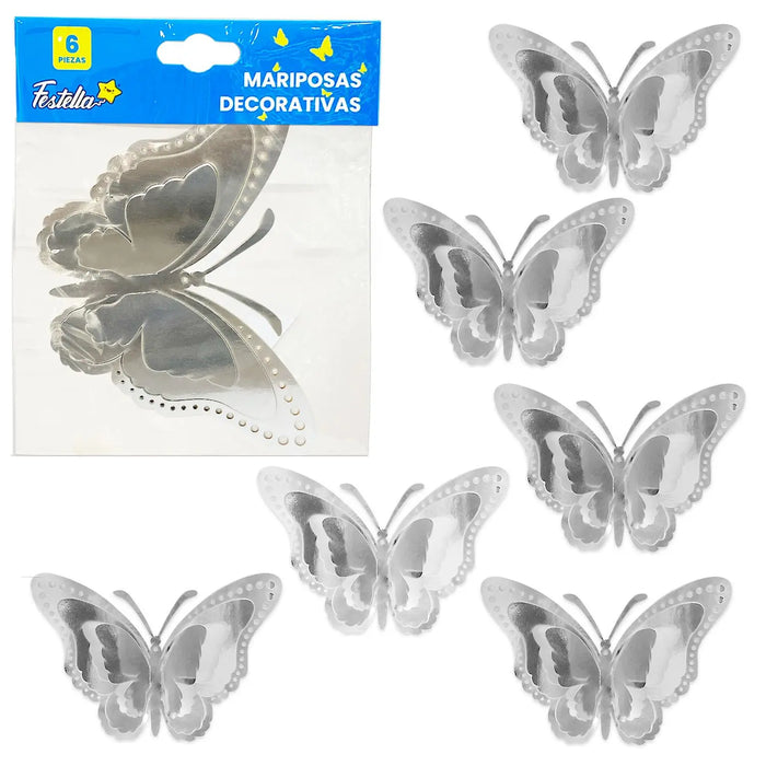Aplique de Mariposas Decorativas Troqueladas Color Plateado X 6 Unidades Festella