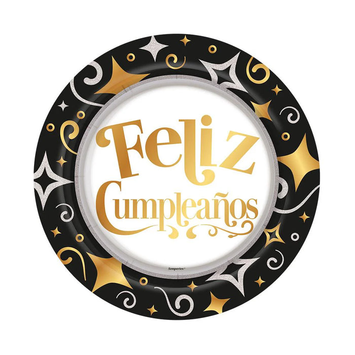 Plato 7" Metalizado Feliz Cumpleaños Dorado Negro X 8 Unidades Sempertex