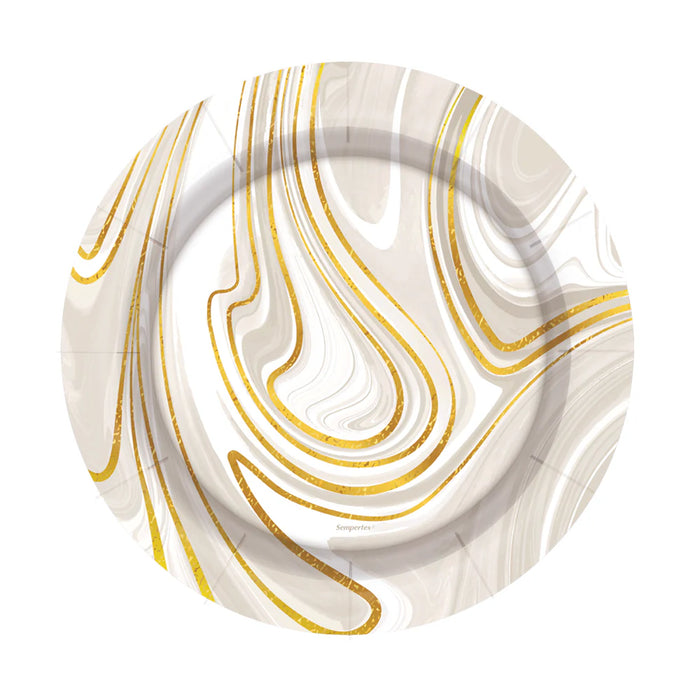 Plato 7" Redondo Marmoleado Blanco Dorado X 8 Unidades Sempertex