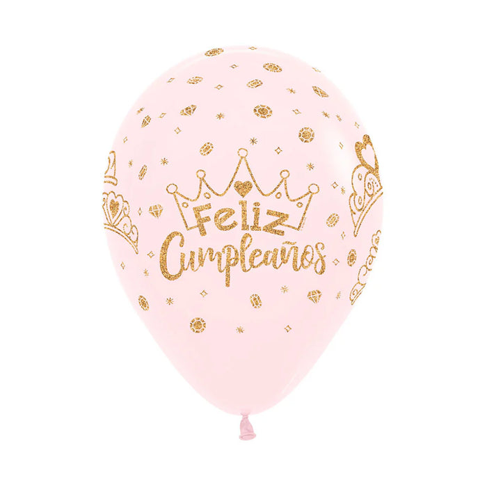 Globo Rosado Pastel Feliz Cumpleaños Coronas Escarchado R12 x 12 Unidades Sempertex