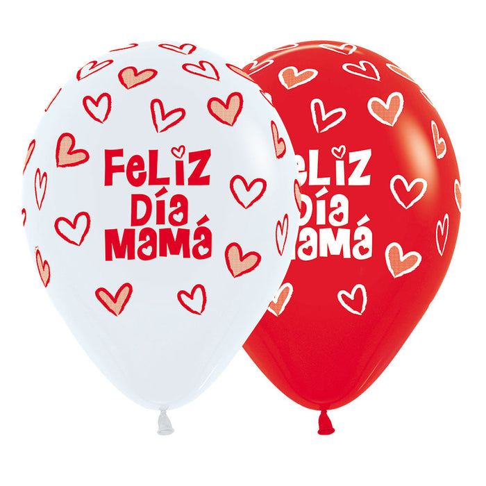 Globo Feliz Dia Mama Corazones Surtido Rojo Blanco R12 X 12