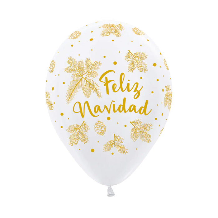 Globo infinity Feliz Navidad Dorada Fashion Blanco R12 x 50 Unidades Sempertex
