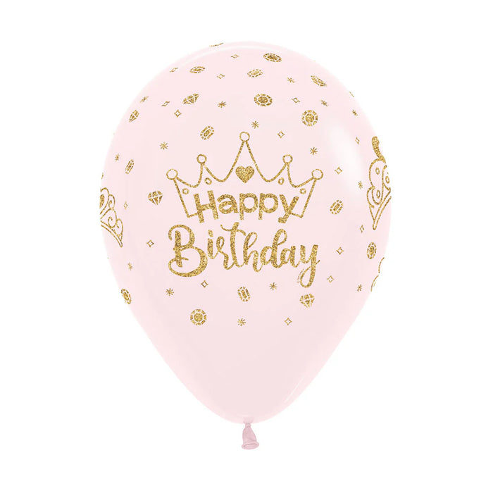 Globo Rosado Pastel Happy Birthday Coronas Escarchado R12 x 12 Unidades Sempertex
