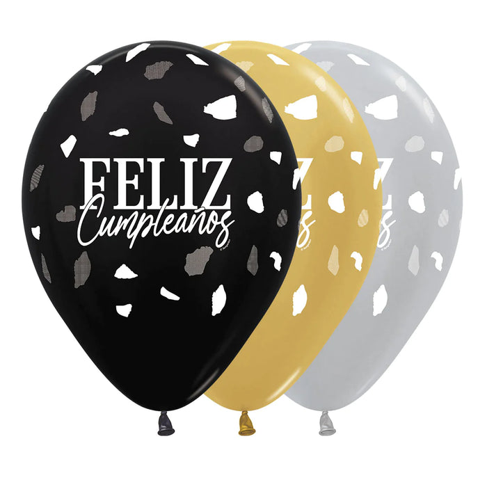Globo Feliz Cumpleaños Terrazo Negro/Dorado R12 x 50 Unidades Sempertex