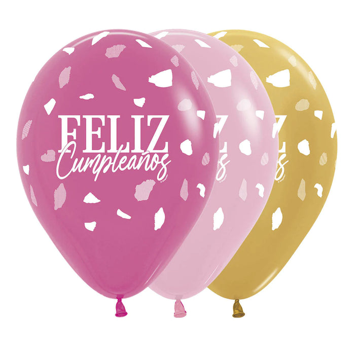 Globo Feliz Cumpleaños Terrazo Fucsia Surtido R12 x 12 Unidades Sempertex