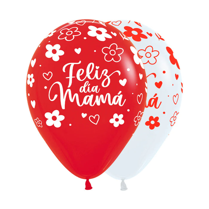 Globo Feliz Dia Mamá Floral Fashion Surtido Blanco Rojo R12 X 12 Unidades Sempertex