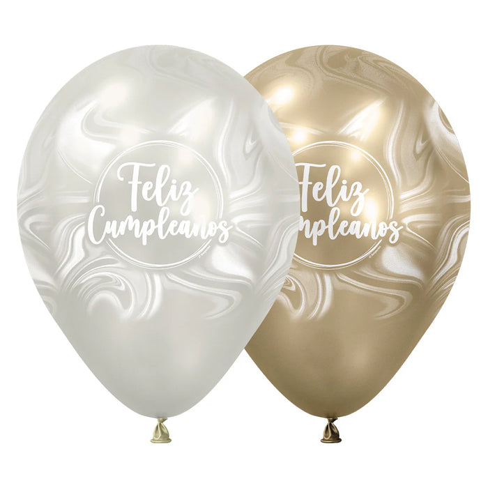 Globo Infinity Feliz Cumpleaños Marmoleado Blanco - Dorado Silk Surtido R12 x 50 Unidades