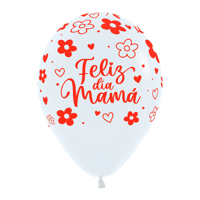 Globo Feliz Dia Mamá Floral Fashion Surtido Blanco Rojo R12 X 12 Unidades Sempertex