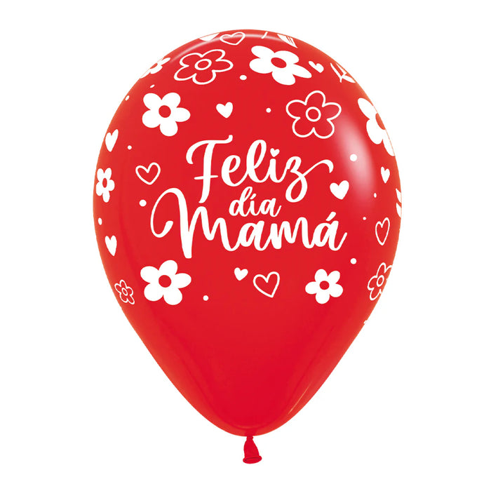 Globo Feliz Dia Mamá Floral Fashion Surtido Blanco Rojo R12 X 12 Unidades Sempertex