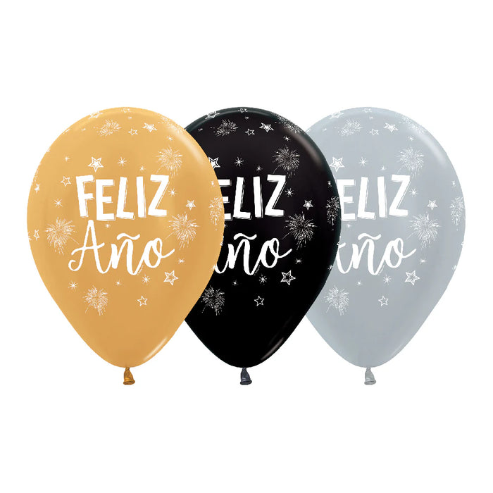 Globo Infinity Feliz Año Estrellas Satin Y Metal Surtido R12 X 50 Unidades Sempertex