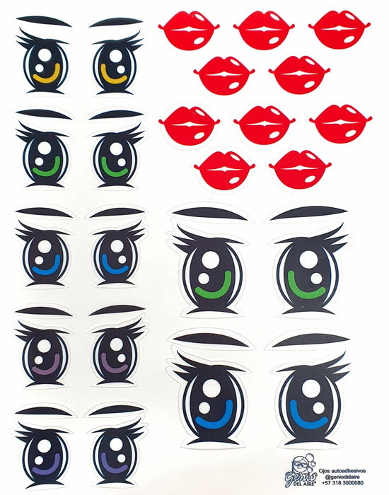 Sticker para Globo Ojos Brillantes con Cejas y Besitos 28 x 20 CM X 1 Unidad