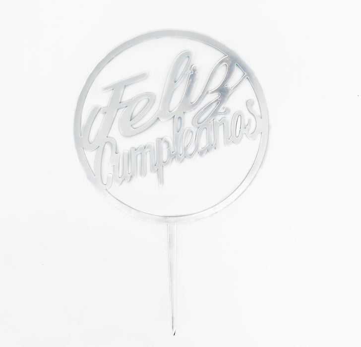 Topper Para Torta Feliz Cumpleaños Circulo Plata X 1 Unidad Festella