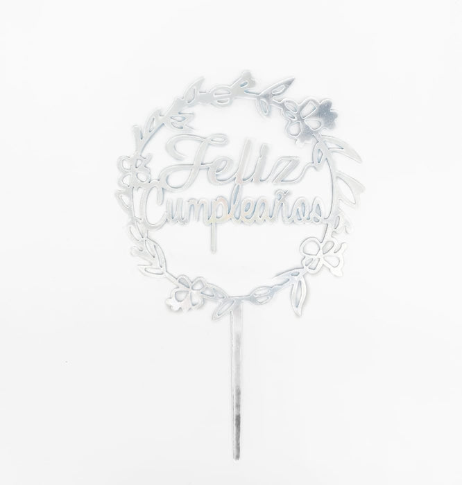 Topper Para Torta Feliz Cumpleaños Corona Flores Plata X 1 Unidad Festella