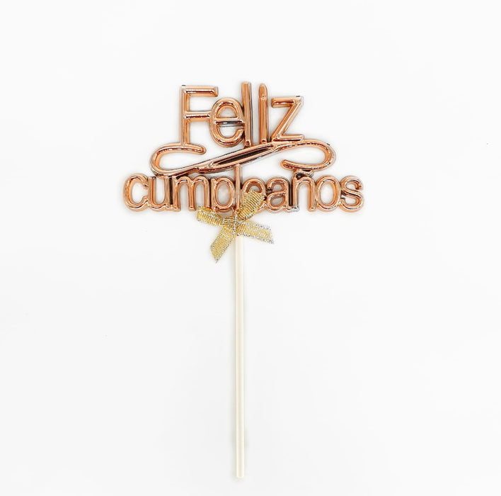 Topper Para Torta Feliz Cumpleaños Dorado Rosa Moño X 1 Unidad Festella