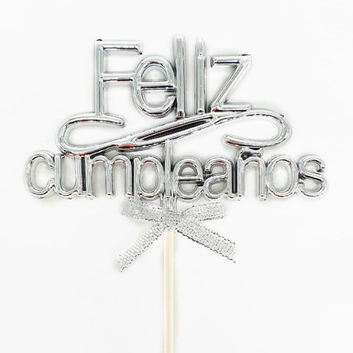 Topper Para Torta Feliz Cumpleaños Plata Moño X 1 Unidad Festella