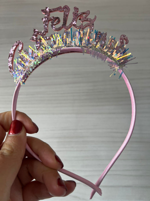 Diadema Feliz Cumpleaños Cursivo Dorado Rosado con Flecos x 1