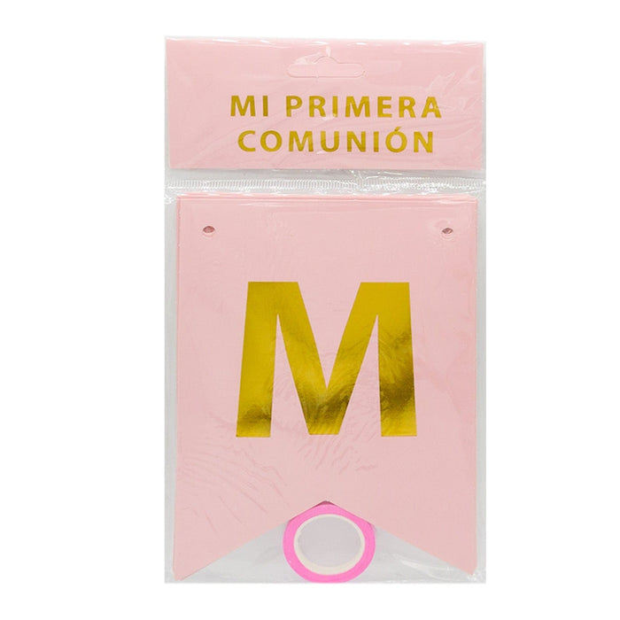 Feston Mi Primera Comunion Pequeño Rosado Dorado