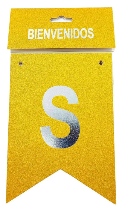 Feston Bienvenidos Escarchado Pequeño Dorado Plata