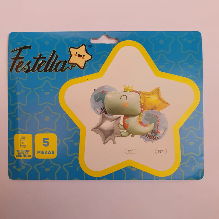 Bouquet de Globos Happy Birthday Dinosaurio Bebe X 5 Piezas Festella