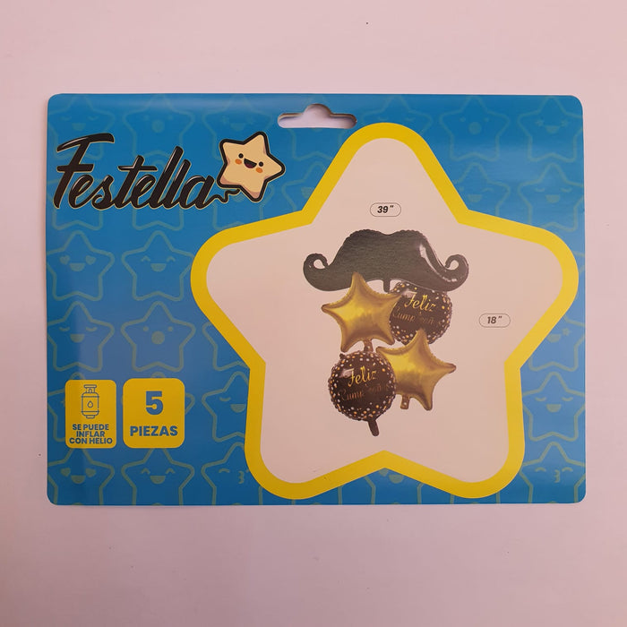 Bouquet de Globos Feliz Cumpleaños Bigote Estrellas Doradas  X 5 Piezas Festella