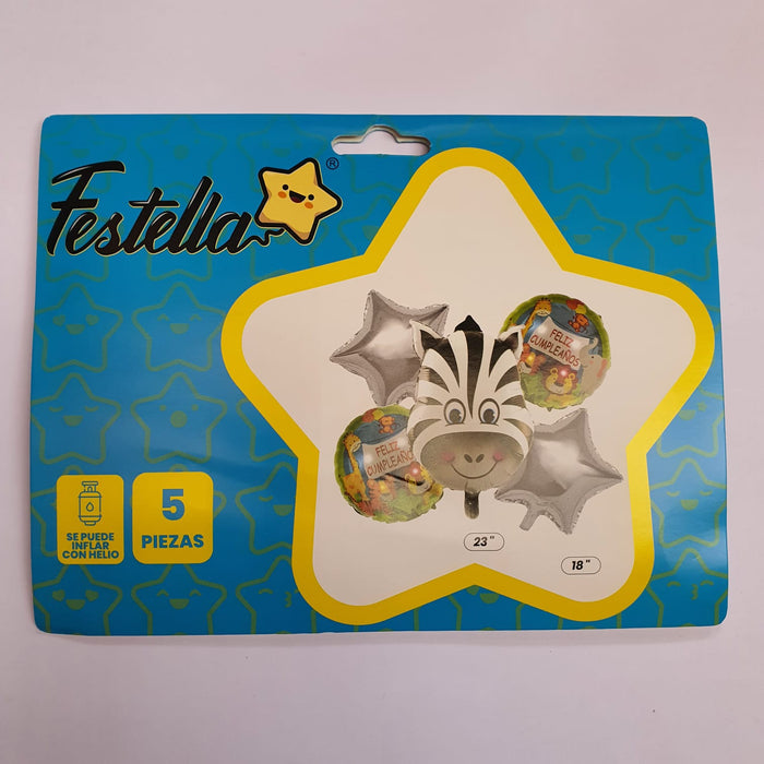 Bouquet Cebra Estrellas Plata Feliz Cumpleaños X 5 Piezas Festella