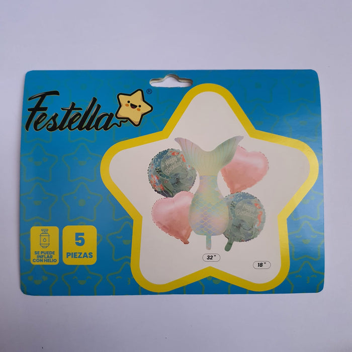 Bouquet de Globos Cola de Sirena Corazones Rosados X 5 Piezas Festella