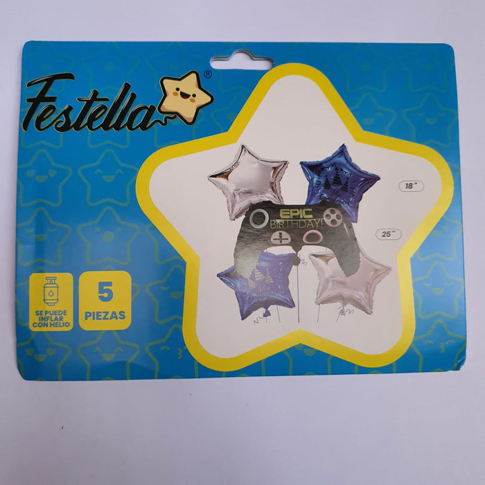 Bouquet de Globos Control Estrellas Plata y Azul Epic Birthday X 5 Piezas Festella