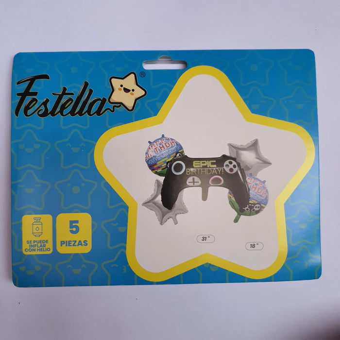 Bouquet de Globos Control Estrellas Plata Epic Birthday X 5 Piezas Festella