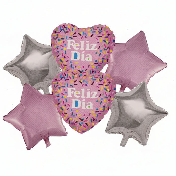 Bouquet de Globos Corazones y Estrellas Feliz Dia X 5 Piezas Festella