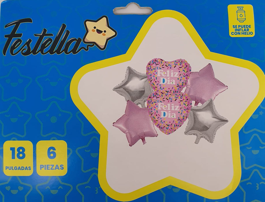 Bouquet de Globos Corazones y Estrellas Feliz Dia X 5 Piezas Festella