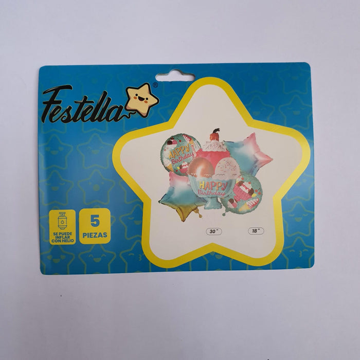 Bouquet de Globos Helado Multicolor Happy Birthday X 5 Piezas Festella