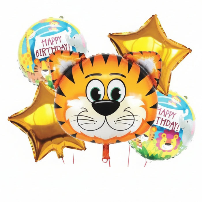 Bouquet de Globos Tigre Estrellas Doradas Feliz Cumpleaños X 5 Piezas Festella
