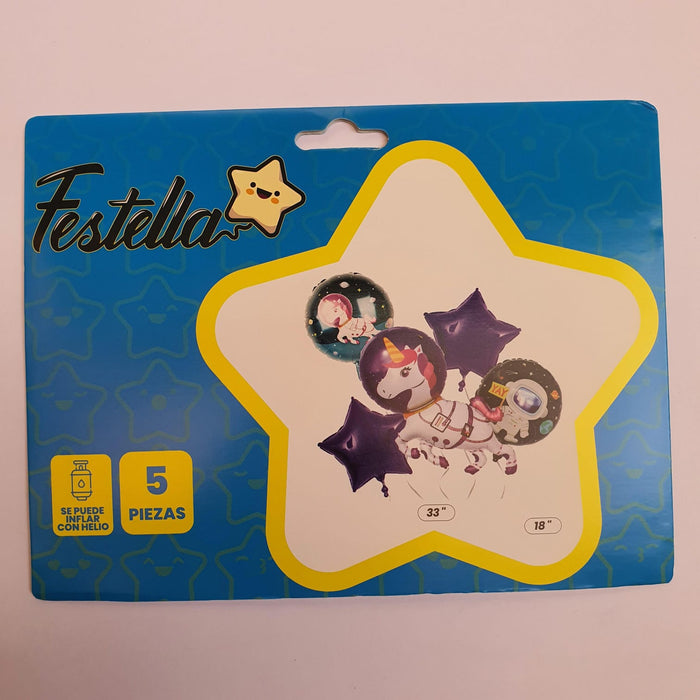 Bouquet de Globos Unicornio Astronauta X 5 Piezas Festella