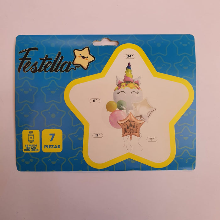 Bouquet de Globos Feliz Cumpleaños Unicornio Cristal X 7 Piezas Festella