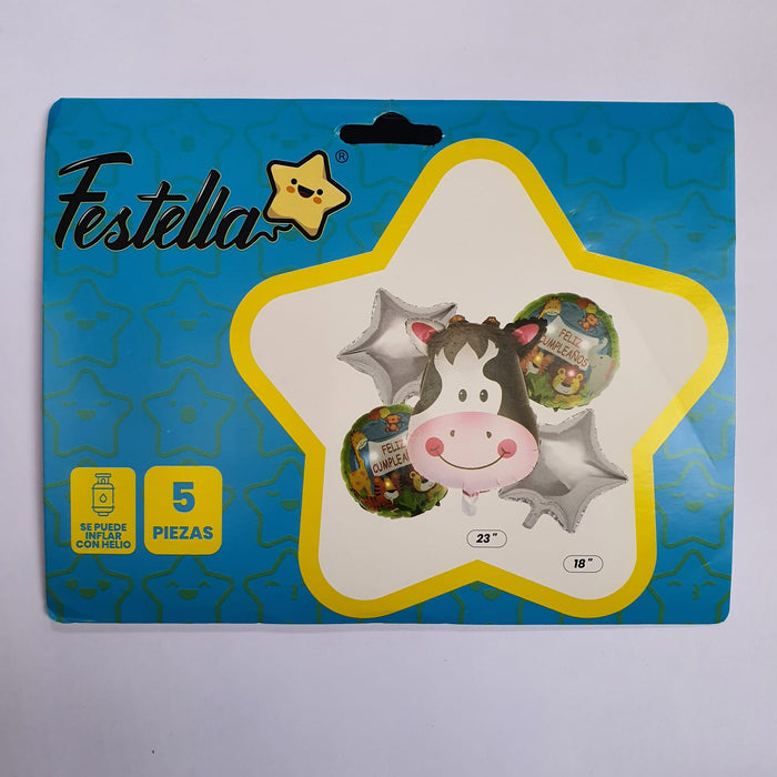 Bouquet de Globos Vaca Estrellas Plata Feliz Cumpleaños X 5 Piezas Festella