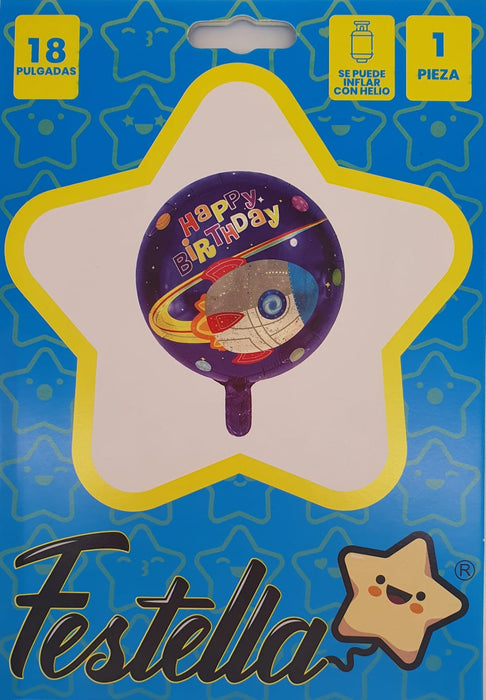 Globo Metalizado Redondo Happy Birthday Cohete 18" Festella