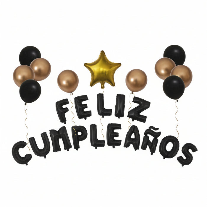Kit de Globos Letrero Feliz Cumpleaños Dorado Negro X 26 Piezas Festella